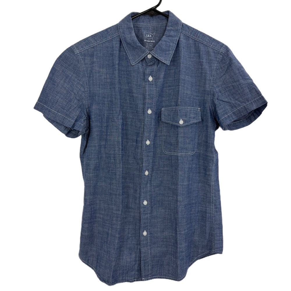 Save Khaki United Shirt Mens Small Blue Chambray Short Sleeve Button Down